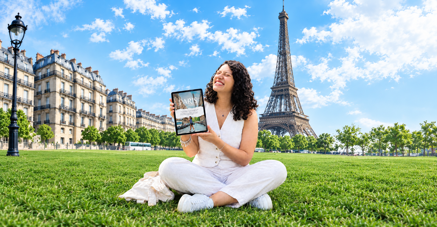 Mari sentada na grama do Champ de Mars mostrando o e-book Paris no tablet, com a Torre Eiffel ao fundo
